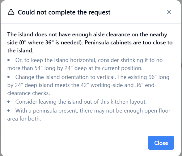 Current VeraAI validation response identifying insufficient aisle clearance and suggesting alternative island sizes, orientations, or removal.