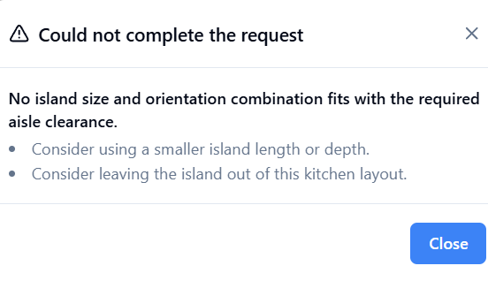 VeraAI validation message explaining that no island size or orientation fits within the required kitchen aisle clearance.