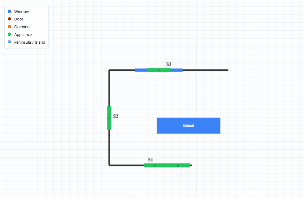 VeraAI layout builder showing the sold project's exact 12-foot kitchen dimensions, room features, appliance locations, and proposed island before spatial validation.