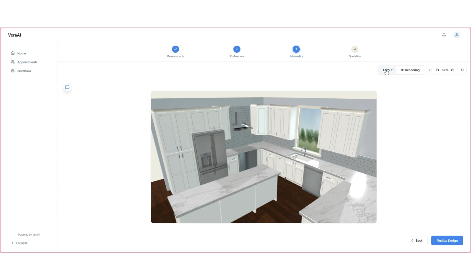 VeraAI product walkthrough preview showing preconstruction workflow, room layout, and 3D visualization